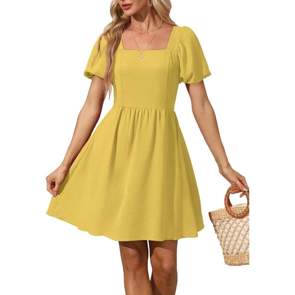 Ofeefan Women Yellow Puff Sleeve Square Neck Tie in Back Dresses with Zipper